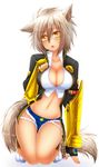  animal_ears baretto_(firearms_1) blazblue blazblue:_chronophantasma blush breasts brown_hair bullet_(blazblue) cat_tail cleavage crop_top cutoffs denim denim_shorts dog_ears dog_tail fang fingerless_gloves gloves highres hips kemonomimi_mode kneeling large_breasts looking_at_viewer midriff navel paw_pose raised_eyebrow short_hair short_shorts shorts simple_background solo tail torn_clothes white_background yellow_eyes 