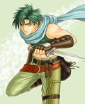  belt fingerless_gloves fire_emblem fire_emblem:_akatsuki_no_megami gloves green_hair knife male_focus midriff sack scarf solo sothe soyo2106 weapon yellow_eyes 