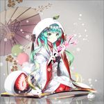  aqua_eyes aqua_hair dango food hair_ornament hakusai_(tiahszld) hatsune_miku highres hood japanese_clothes kimono leaf long_hair oriental_umbrella sitting snow_bunny snowflakes solo twintails uchikake umbrella very_long_hair vocaloid wagashi yuki_miku 