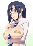  bandaid bandaids_on_nipples black_hair blush breast_hold breasts brown_eyes glasses hayashi_custom large_breasts long_hair necktie original pasties semi-rimless_eyewear shirt smile solo striped striped_neckwear unbuttoned white_shirt 