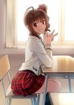  1girl :d animal_ears backlighting black_legwear blush brown_hair chair classroom curtains desk drill_hair eyebrows_visible_through_hair feet_out_of_frame from_side grin hair_ornament hair_scrunchie idolmaster idolmaster_million_live! indoors kamille_(vcx68) kneehighs long_sleeves looking_at_viewer looking_to_the_side on_chair open_mouth plaid plaid_skirt pleated_skirt purple_eyes red_skirt school_chair school_desk school_uniform scrunchie short_hair side_ponytail sidelocks sitting skirt smile solo sparkle tareme teeth window yokoyama_nao 