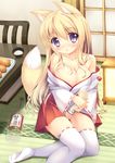  :o aburaage animal_ears bare_shoulders blonde_hair blush bottle breasts cleavage food fox_ears fox_tail highres japanese_clothes large_breasts long_hair looking_at_viewer miko no_shoes on_floor open_mouth original purple_eyes ribbon-trimmed_legwear ribbon-trimmed_sleeves ribbon_trim sake_bottle sitting skirt solo taiki_ken tail tatami thighhighs white_legwear yokozuwari zaisu 