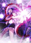  :o arm_up bad_id bad_pixiv_id foreshortening glowing glowing_hand hat hat_ribbon highres maru_daizu_(aqua6233) midriff nagae_iku navel open_clothes open_shirt pointing pointing_at_viewer purple_hair red_eyes ribbon shawl shirt short_hair skirt solo thighs touhou 