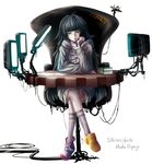  black_hair book chair character_name copyright_name crossed_legs desk gears green_hair highres hiyajou_maho hood hoodie jitome long_hair looking_at_viewer mismatched_footwear mouth_hold pen revision screen simple_background sitting solo steins;gate tabix0819 very_long_hair white_background 