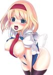  alice_margatroid amisu black_legwear blonde_hair blue_eyes blush breasts breasts_outside covering covering_crotch hairband large_breasts lifted_by_self necktie nipples no_pants open_clothes open_mouth open_shirt panties panty_lift puffy_sleeves round_teeth saliva shirt short_hair simple_background solo teeth thighhighs touhou underwear vest wedgie white_background 