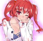  alternate_costume bra breasts cleavage collarbone contemporary floral_print hair_bobbles hair_ornament head_rest large_breasts long_sleeves looking_at_viewer one_eye_closed onozuka_komachi open_clothes open_shirt pera-o purple_bra red_eyes red_hair revision shirt smile solo touhou two_side_up underwear 