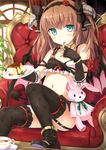  bad_id bad_pixiv_id belly blush brown_hair cake character_request eating food hairband highres horns long_hair looking_at_viewer midriff navel nemo_(piisukun) sitting skirt solo spoon spoon_in_mouth 