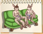 4_toes barefoot clothed clothing diaper drooling duo fur hair lagomorph male mammal masturbation on_couch panting penile_masturbation rabbit saliva skelbely toes topless urine watersports wet_diaper wetting 