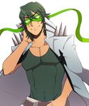  &gt;:) belt blindfold closed_mouth collarbone covered_eyes covered_navel green_hair green_shirt grey_jacket hand_in_hair jacket jacket_on_shoulders kill_la_kill long_sleeves male_focus moshimo_(kaperi) muscle open_clothes open_jacket sanageyama_uzu shirt shoulder_spikes simple_background smile solo spikes thick_eyebrows upper_body v-shaped_eyebrows white_background 