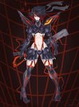  1girl black_hair blue_eyes boots breasts crotch_plate cyborg diego_(dingo-the-dog) electricity eyepatch faulds fusion hair_over_one_eye highres kill_la_kill knee_boots matoi_ryuuko metal_gear metal_gear_(series) metal_gear_rising:_revengeance multicolored_hair navel pale_skin parody pigeon-toed raiden red_hair revealing_clothes scabbard scissor_blade senketsu sheath short_hair suspenders two-tone_hair underboob watermark web_address 