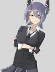  ahoge cardigan crossed_arms eyepatch gloves gradient_hair grey_background hair_ornament happy highlights highres kantai_collection looking_at_viewer multicolored_hair necktie shirt short_hair simple_background skirt sleeves_rolled_up smile solo tanaken tenryuu_(kantai_collection) 