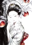  apple ballpoint_pen_(medium) black_hair cherry_blossoms closed_eyes floral_print food fruit hair_ornament hairpin highres japanese_clothes kimono monochrome original resized revision solo sousou_(sousouworks) spot_color traditional_media tree upper_body 
