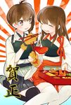  ^_^ akagi_(kantai_collection) bad_id bad_pixiv_id black_legwear blush bow bowl brown_eyes brown_hair chopsticks closed_eyes eating food gloves hagiko japanese_clothes kaga_(kantai_collection) kantai_collection long_hair lunchbox mochi multiple_girls muneate new_year obentou omelet open_mouth osechi partly_fingerless_gloves short_hair shrimp side_ponytail sitting skirt smile tamagoyaki tasuki text_focus thighhighs wagashi wariza white_legwear yugake 