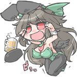  animal_ears beer_mug bird_wings black_legwear black_wings breasts brown_hair bunny_ears bunny_girl bunnysuit chibi cleavage fake_animal_ears green_leotard kureha_mitsushige large_breasts leotard open_mouth pantyhose pink_eyes reiuji_utsuho simple_background smile solo spill third_eye touhou white_background wings wrist_cuffs 