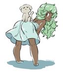  :&lt; animal animal_on_back back bent_over blush_stickers breasts closed_eyes copyright_request curly_hair dark_skin dress flats green_hair long_hair mariel_cartwright pigeon-toed sitting sitting_on_person small_breasts strapless strapless_dress very_dark_skin 