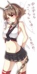  bare_shoulders blush breasts brown_eyes brown_hair chain crop_top gloves hair_tucking headgear highres kantai_collection large_breasts midriff miniskirt mutsu_(kantai_collection) natsu_(anta_tte_hitoha) navel short_hair skirt solo thighhighs translation_request white_gloves 