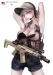  american_flag armpits arms_up assault_rifle bad_id bad_pixiv_id baseball_cap battlefield_(series) battlefield_4 blonde_hair blue_eyes bra breasts bushmaster_acr cleavage denim denim_shorts dog_tags english field_radio flashlight gun hat headset highres koh_(minagi_kou) large_breasts laser_sight load_bearing_vest looking_away military_operator ponytail rifle scope shorts simple_background solo underwear vertical_foregrip weapon white_background 