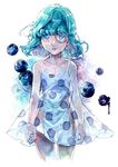  1girl aqua_hair bangs blue_eyes blueberry child donquixote_pirates dress dressrosa food fruit looking_at_viewer luzy monocle one_piece polka_dot polka_dot_dress short_dress solo sugar_(one_piece) 