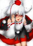  absurdres animal_ears bespectacled detached_sleeves glasses hat highres inubashiri_momiji looking_at_viewer red_eyes skirt solo tail tokin_hat touhou white_hair wolf_ears wolf_tail zzzzzzzzzzzzzzp 