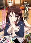  bad_id bad_pixiv_id blush brown_hair cellphone food fruit kotatsu long_hair lying magazine mandarin_orange on_stomach original phone pillow sama school_uniform smile solo table 