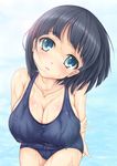  black_eyes black_hair breasts cleavage head_tilt highres kirigaya_suguha kishimen large_breasts one-piece_swimsuit school_swimsuit short_hair swimsuit sword_art_online wet 