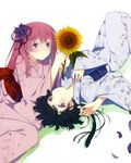  akishino_himeka black_hair flower fuyuumi_ai hair_flower hair_ornament hand_on_own_chest highres japanese_clothes kimono long_hair looking_at_viewer lying multiple_girls obi on_back open_mouth ore_no_kanojo_to_osananajimi_ga_shuraba_sugiru petals pink_hair ponytail purple_eyes ruroo sash scan sunflower yukata 