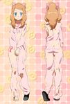  alternate_costume alternate_hairstyle barefoot blue_eyes blush bow brown_hair full_body hair_bow hair_ribbon highres jumpsuit k_g long_hair multiple_views partially_undressed pink_ribbon pocket poke_ball_theme pokemon pokemon_(anime) ponytail ribbon serena_(pokemon) shoe_soles shoes standing v_arms 