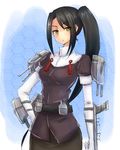  black_hair hand_on_hip highres kantai_collection long_hair metindone nachi_(kantai_collection) side_ponytail solo yellow_eyes 