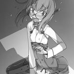  @_@ anchor bespectacled between_legs blush breasts corset covered_nipples eyebrows eyebrows_visible_through_hair flying_sweatdrops glasses greyscale hand_between_legs headgear kantai_collection long_sleeves monochrome pleated_skirt sakuya_tsuitachi short_hair skirt small_breasts solo taihou_(kantai_collection) 