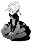  bad_id bad_pixiv_id darker_than_black dress greyscale hair_ribbon koyoi_mitsuki monochrome ponytail ribbon sitting solo wariza yin 