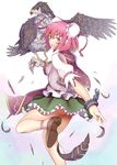  animal_on_arm bandages bird bird_on_arm cuffs double_bun eagle feathers ginko_(nico) ibaraki_kasen leg_up looking_at_viewer looking_back outstretched_arm outstretched_hand pink_eyes pink_hair puffy_sleeves revision shackles shirt short_hair short_sleeves skirt solo tabard touhou upskirt 