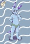  barefoot big_ears blue_fur blush bulge butter colored cub fur green_eyes grin happy lagomorph looking_at_viewer male mammal markings mene menebunny mustelid otter paws purple_fur rabbit smile solo thick_tail topless underwear young 