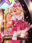  absurdres ascot back blonde_hair blush boots chain church cross crystal fangs flandre_scarlet frilled_legwear hat highres indoors looking_back miy@ open_mouth puffy_sleeves red_eyes ribbon short_hair side_ponytail skirt smile solo stained_glass thighhighs touhou white_legwear wings wrist_cuffs 