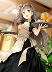  :d apron bad_id bad_pixiv_id blush bon dress food glass grey_hair long_hair love_live! love_live!_school_idol_project maid_apron maid_headdress minami_kotori open_mouth smile solo tray wonder_zone yellow_eyes 