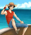  1boy bandage blue_sky cloud day denim denim_shorts hand_on_hat hand_on_headwear hat jolly_roger kuroutadori looking_at_viewer male male_focus monkey_d_luffy ocean one_piece outdoors pirate red_vest sandals ship shorts sitting sky smile solo straw_hat vest wristband 