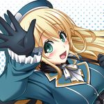  :d atago_(kantai_collection) beret black_gloves blonde_hair blush breasts gloves green_eyes hat kantai_collection large_breasts long_hair looking_at_viewer military_jacket open_mouth smile solo sunny_(hono) 