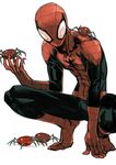  animal animal_print bodysuit bug claws insect looking_at_viewer male_focus marvel mask robot shishio simple_background solo spider spider-man spider-man_(series) spider_print spider_web_print squatting white_background zentai 