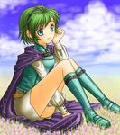  blue_eyes boots cape fire_emblem fire_emblem:_rekka_no_ken green_hair hairband nino_(fire_emblem) petals short_hair sitting skirt smile solo soyo2106 