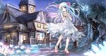  blue_eyes blue_hair building dress fence full_body highres light long_hair looking_at_viewer night original outdoors risutaru rooftop sky solo standing star_(sky) starry_sky tower tree very_long_hair white_dress window 