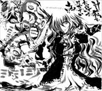  absurdres beads cape contrapposto crossover cvs dress frilled_dress frills gradient_hair greyscale hair_over_one_eye highres hijiri_byakuren jojo_no_kimyou_na_bouken layered_dress long_hair looking_at_viewer made_in_heaven_(stand) monochrome multicolored_hair one_eye_covered prayer_beads simple_background standing stone_ocean touhou wavy_hair white_background 