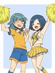  1girl blush cheerleader closed_eyes green_hair inazuma_eleven_(series) inazuma_eleven_go izumi_kikaku kariya_masaki pom_poms raimon raimon_soccer_uniform short_hair skirt soccer_uniform sorano_aoi sportswear 