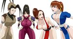  4girls animated animated_gif antenna_hair armor bare_shoulders black_hair bodysuit bouncing_breasts breasts brown_eyes brown_hair capcom cleavage clothed_sex collarbone crossover dead_or_alive eyes_closed fatal_fury high_ponytail hips huge_breasts ibuki ibuki_(street_fighter) japanese_clothes kasumi kasumi_(doa) king_of_fighters kunoichi legs long_hair multiple_girls namco necrolust ninja ponytail shiny shiny_skin shiranui_mai shoulder_pads simple_background skin_tight smile snk soul_calibur spandex street_fighter taki taki_(soulcalibur) tecmo wide_hips 
