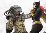  alien animal_ears armor barbara_gordon batgirl batman_(series) battle belt bodysuit boots cape crossover dc_comics fake_animal_ears gloves helmet long_hair mask muscle predator predator_(movie) red_hair skin_tight white_background you_gonna_get_raped 