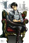  absurdres animage artist_name black_hair chair character_name copyright_name highres levi_(shingeki_no_kyojin) male_focus official_art scan shingeki_no_kyojin simple_background sitting solo tomita_megumi 