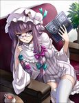  adjusting_eyewear armchair bad_id bad_pixiv_id bespectacled black_tea book breasts chair crescent cup glasses grimoire hat hexagram looking_at_viewer medium_breasts patchouli_knowledge plant plate potted_plant purple_eyes purple_hair red-framed_eyewear sitting solo takemori_shintarou tea teacup thighhighs touhou white_legwear zettai_ryouiki 