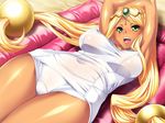  1girl armpits arms_up blonde_hair breasts chocolate_princess! covered_nipples dark_skin dodai_shouji erect_nipples game_cg green_eyes happy highres large_breasts legs long_hair looking_at_viewer lying open_mouth smile swimsuit thighs 