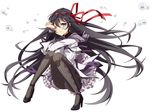  akemi_homura bad_id bad_pixiv_id black_hair blush crying crying_with_eyes_open hair_ribbon high_heels highres long_hair magical_girl mahou_shoujo_madoka_magica one_eye_closed panties panties_under_pantyhose pantyhose pantyshot pantyshot_(sitting) ribbon rubbing_eyes sitting skirt solo tears underwear upskirt very_long_hair wince yutsumoe 