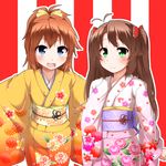  :d antenna_hair blue_eyes brown_hair faubynet floral_print green_eyes hair_ribbon highres japanese_clothes kimono koshigaya_komari koshigaya_natsumi looking_at_viewer multiple_girls non_non_biyori open_mouth orange_hair ponytail ribbon siblings sisters smile twintails two_side_up v-shaped_eyebrows 