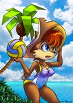  anthro big_breasts blue_eyes bluer_eyes breasts chipmunk erect_nipples female hair mammal navel nipples one-piece_swimsuit red_hair rodent sally_acorn sega solo sonic_(series) swimsuit thebrave 