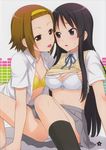  :p absurdres akiyama_mio ass assertive black_eyes black_hair black_legwear blush bra bra_lift breasts brown_eyes brown_hair cleavage clothes_lift dress_shirt forehead ha-ru hairband highres hug k-on! long_hair medium_breasts multiple_girls open_clothes open_shirt panties sakuragaoka_high_school_uniform scan school_uniform shirt shirt_lift skirt socks spread_legs striped striped_panties sweat sweater sweater_lift sweater_vest tainaka_ritsu tongue tongue_out underwear upskirt yellow_bra yellow_panties yuri 